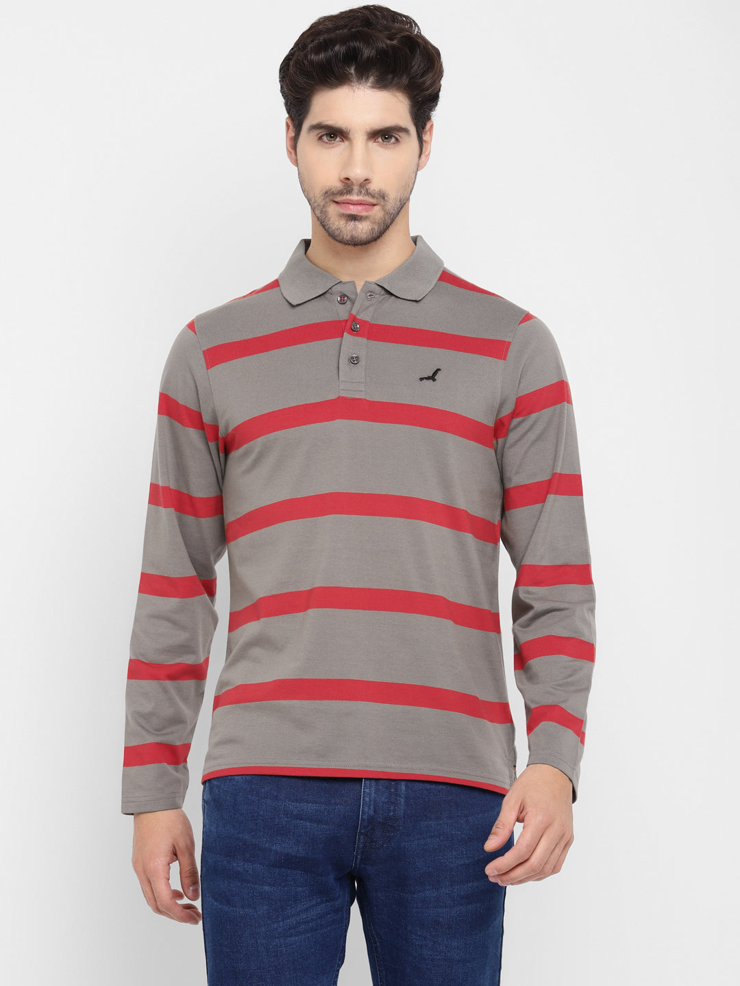 Men's Polo Collar Full Sleeves Yarn Dyed Striped T-Shirt - Grey / Red