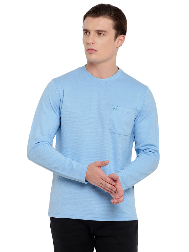 Men's HexaFresh Round Neck Full Sleeves T-Shirt with Pocket - Unique Knit, Breathable, Durable Cotton-Polyester Blend, Casual and Sporty Style - Powder Blue