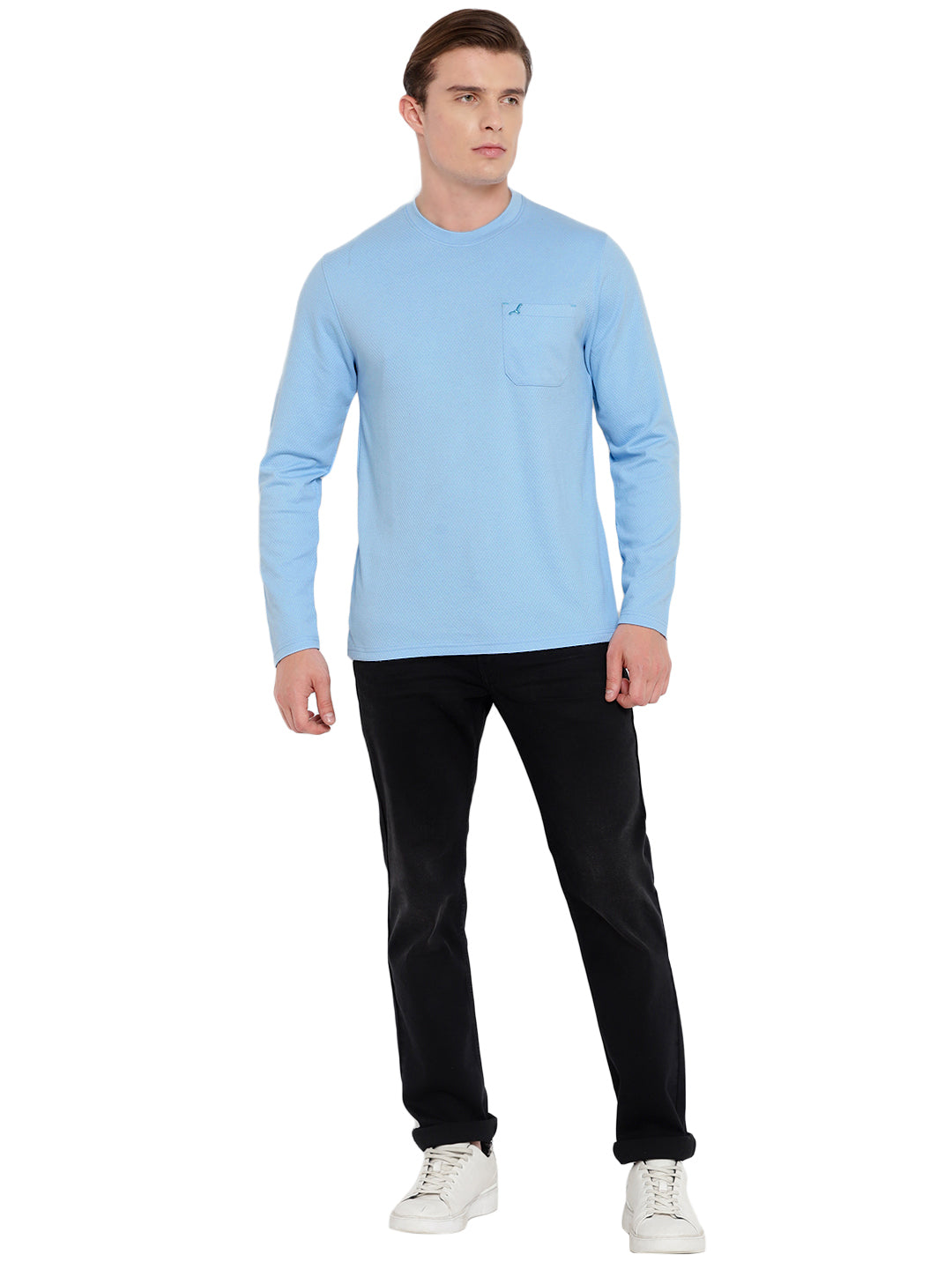 Men's HexaFresh Round Neck Full Sleeves T-Shirt with Pocket - Unique Knit, Breathable, Durable Cotton-Polyester Blend, Casual and Sporty Style - Powder Blue