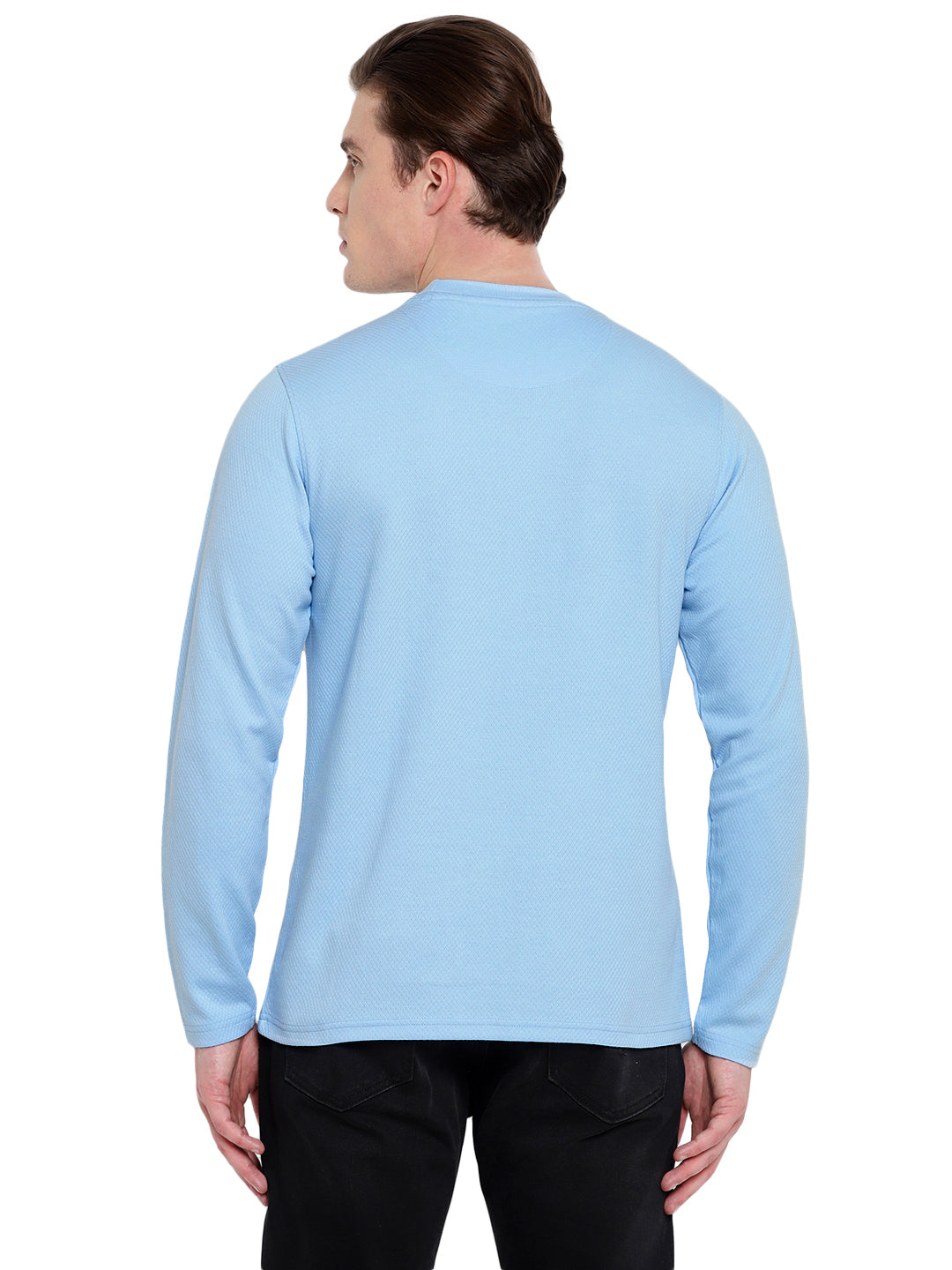 Men's HexaFresh Round Neck Full Sleeves T-Shirt with Pocket - Unique Knit, Breathable, Durable Cotton-Polyester Blend, Casual and Sporty Style - Powder Blue