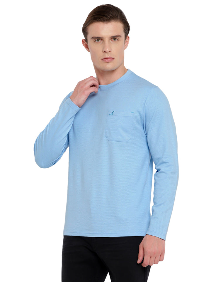 Men's HexaFresh Round Neck Full Sleeves T-Shirt with Pocket - Unique Knit, Breathable, Durable Cotton-Polyester Blend, Casual and Sporty Style - Powder Blue