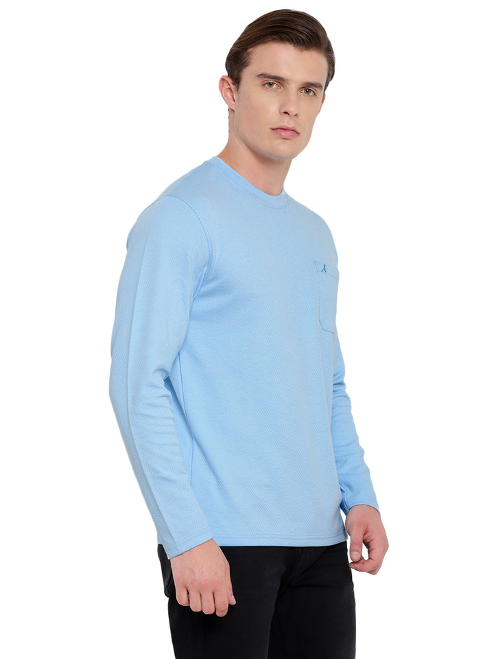 Men's HexaFresh Round Neck Full Sleeves T-Shirt with Pocket - Unique Knit, Breathable, Durable Cotton-Polyester Blend, Casual and Sporty Style - Powder Blue