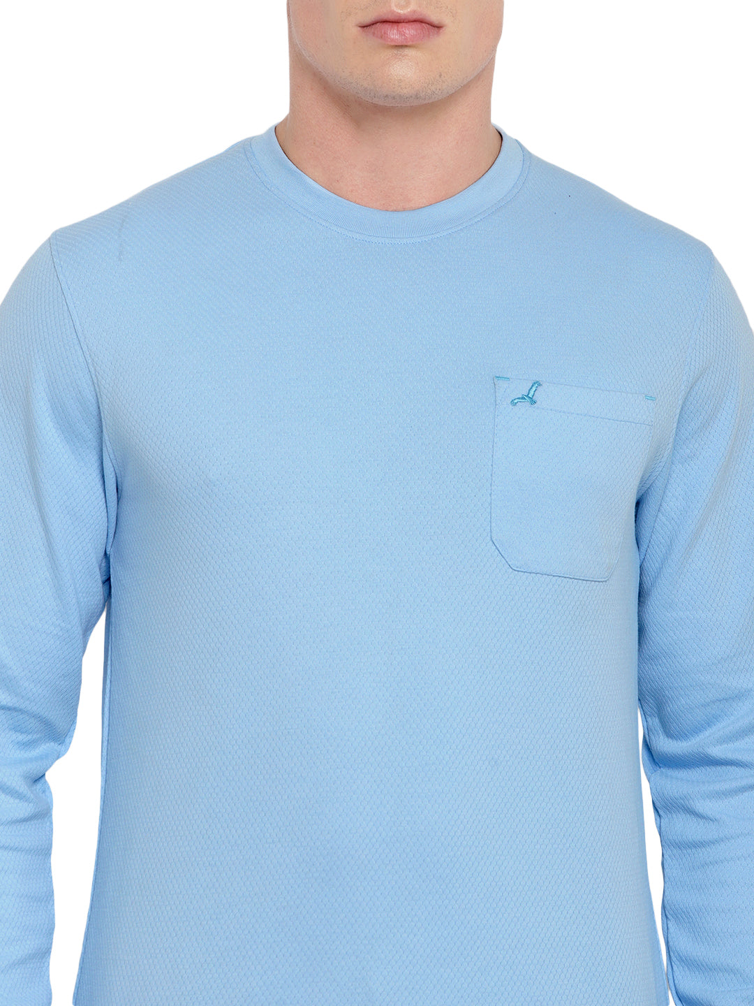 Men's HexaFresh Round Neck Full Sleeves T-Shirt with Pocket - Unique Knit, Breathable, Durable Cotton-Polyester Blend, Casual and Sporty Style - Powder Blue