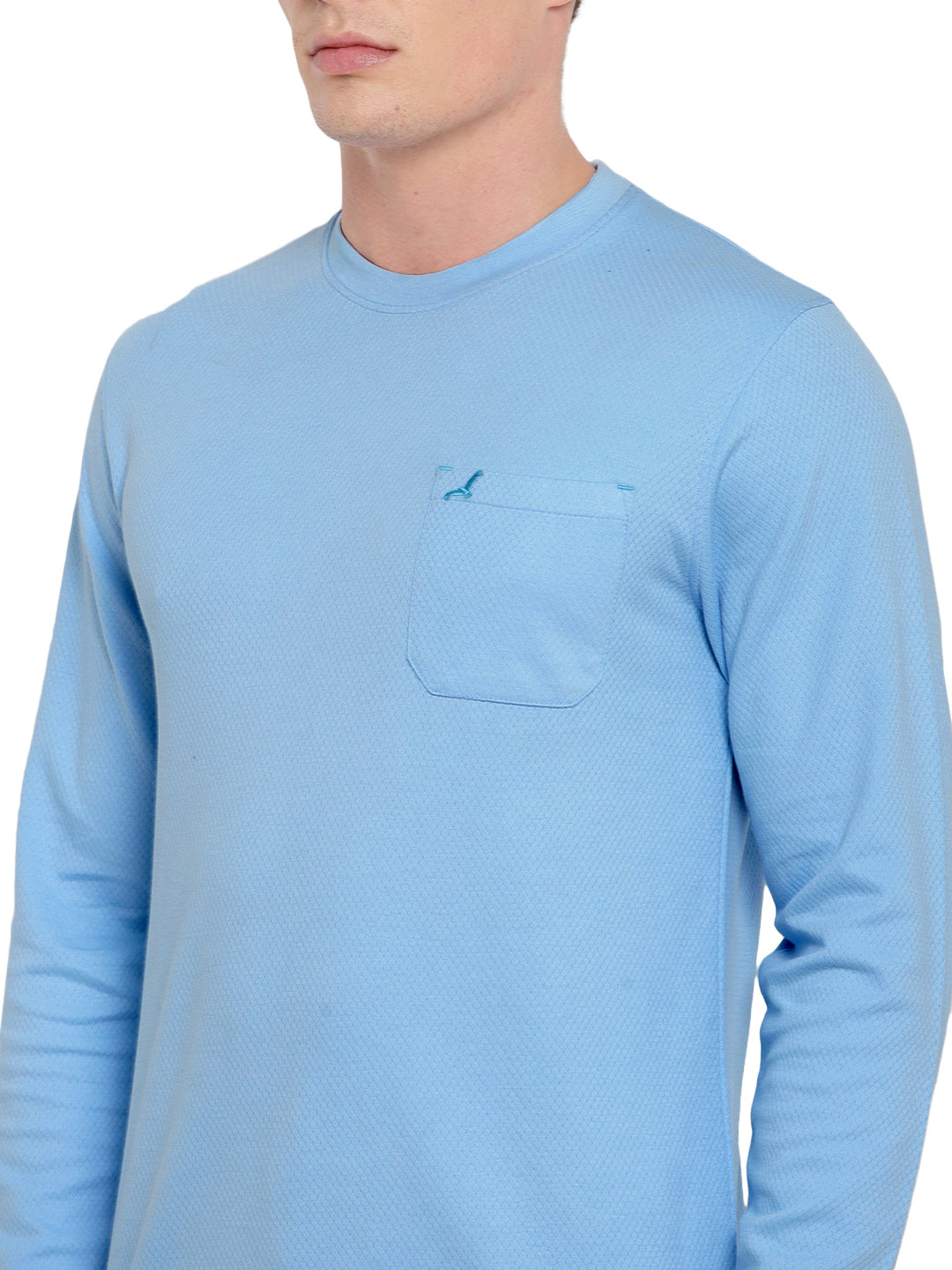 Men's HexaFresh Round Neck Full Sleeves T-Shirt with Pocket - Unique Knit, Breathable, Durable Cotton-Polyester Blend, Casual and Sporty Style - Powder Blue