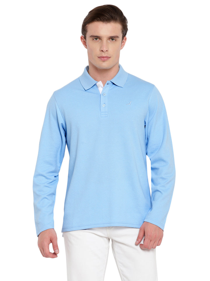 Men's HexaFresh Polo Collar Full Sleeves T-Shirt - Unique Knit, Breathable, Durable Cotton-Polyester Blend, Casual, Classic and Sporty Style - Powder Blue