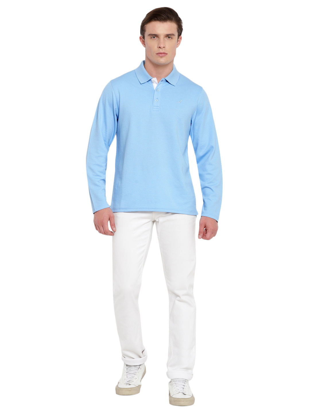 Men's HexaFresh Polo Collar Full Sleeves T-Shirt - Unique Knit, Breathable, Durable Cotton-Polyester Blend, Casual, Classic and Sporty Style - Powder Blue