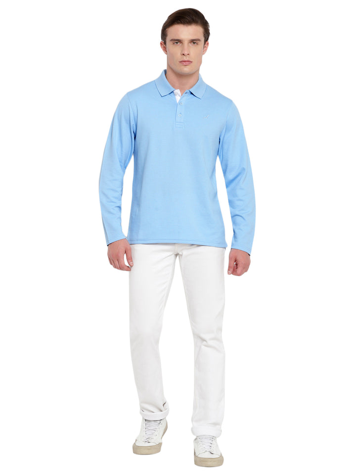 Men's HexaFresh Polo Collar Full Sleeves T-Shirt - Unique Knit, Breathable, Durable Cotton-Polyester Blend, Casual, Classic and Sporty Style - Powder Blue