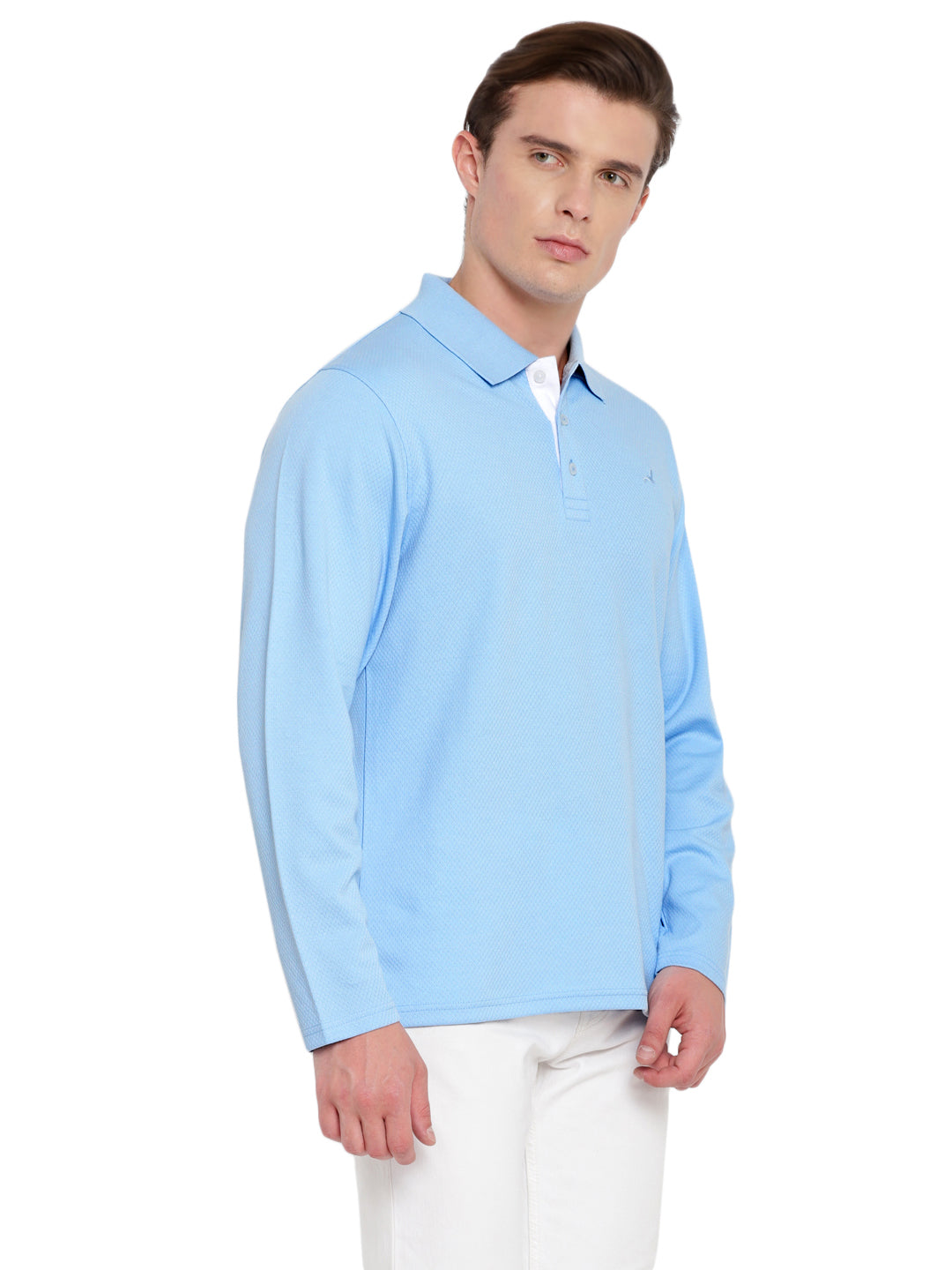 Men's HexaFresh Polo Collar Full Sleeves T-Shirt - Unique Knit, Breathable, Durable Cotton-Polyester Blend, Casual, Classic and Sporty Style - Powder Blue