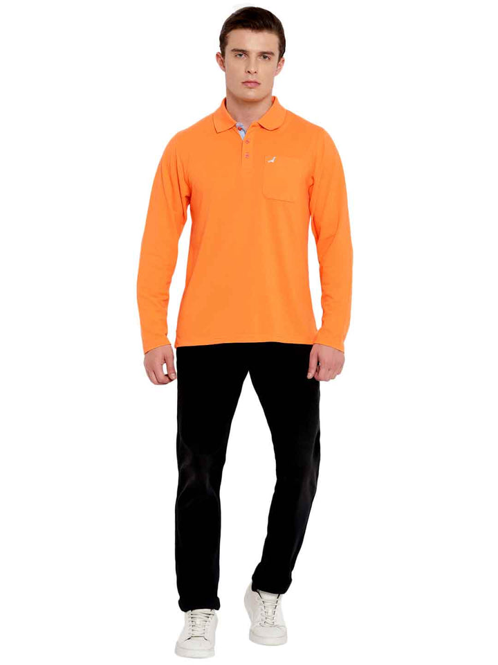 Full Sleeves Polo Collar T-Shirt with Pocket for Men - Orange Peel