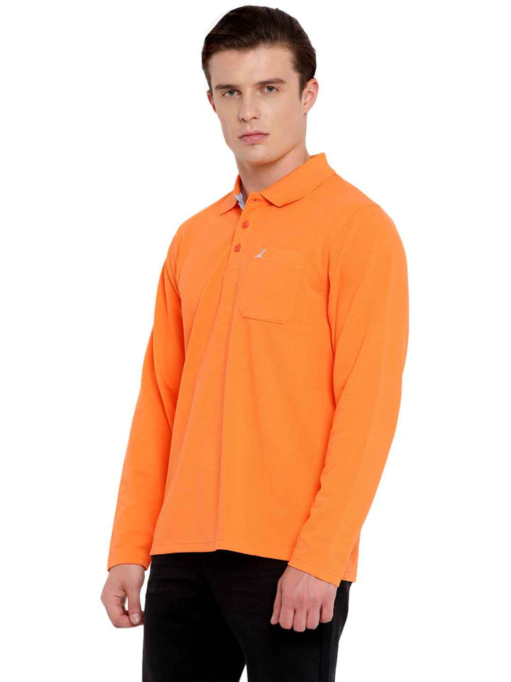 Full Sleeves Polo Collar T-Shirt with Pocket for Men - Orange Peel