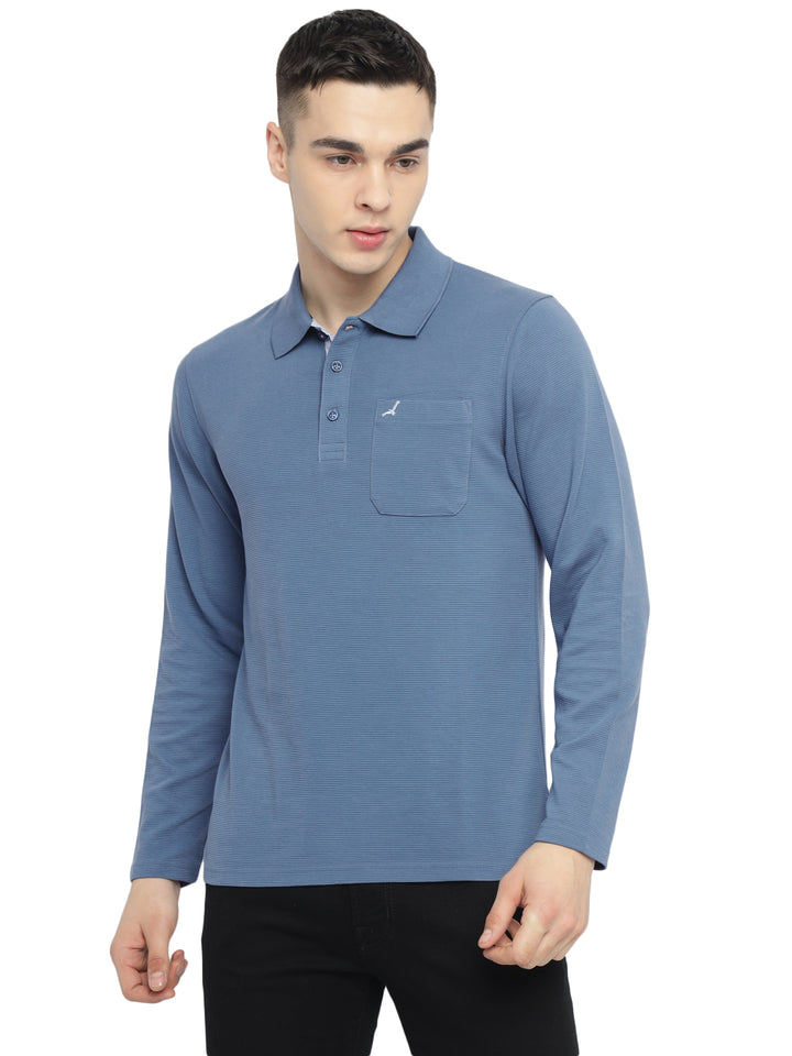 Men's Full-Sleeve Polo Collar T-Shirt with Pocket | Corduroy Knit | Premium Cotton Blend - Elemental Blue