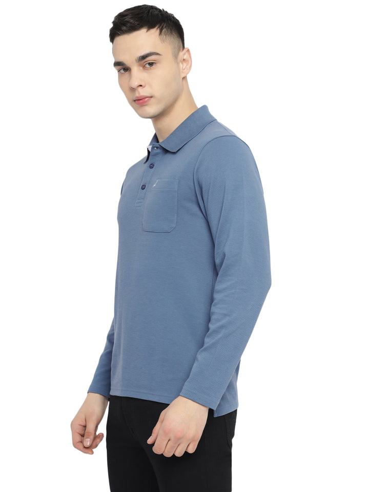 Men's Full-Sleeve Polo Collar T-Shirt with Pocket | Corduroy Knit | Premium Cotton Blend - Elemental Blue