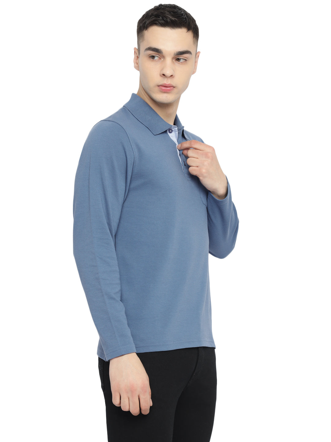 Men's Full-Sleeve Polo Collar T-Shirt with Pocket | Corduroy Knit | Premium Cotton Blend - Elemental Blue