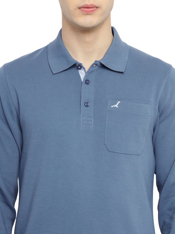 Men's Full-Sleeve Polo Collar T-Shirt with Pocket | Corduroy Knit | Premium Cotton Blend - Elemental Blue