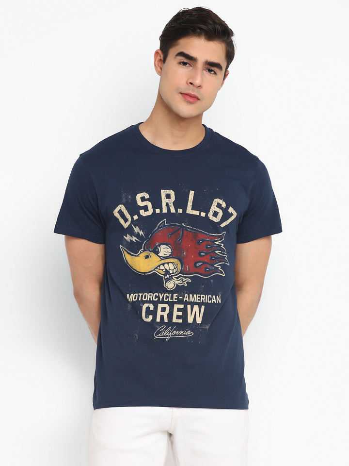 100% Cotton Printed Round Neck T-Shirt for Men - Navy