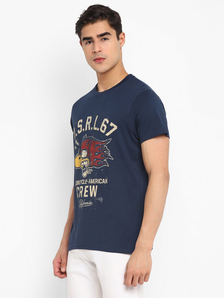 100% Cotton Printed Round Neck T-Shirt for Men - Navy