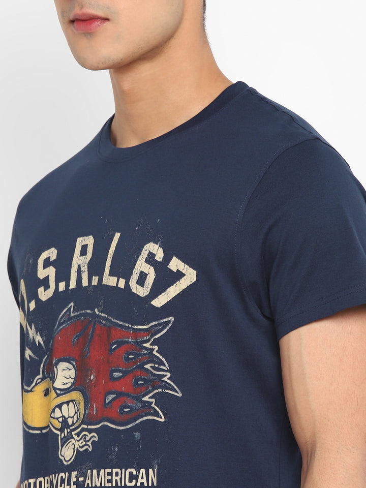 100% Cotton Printed Round Neck T-Shirt for Men - Navy