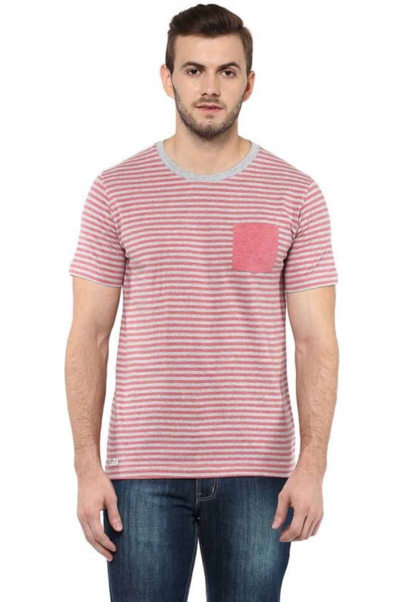 Men's Round Neck T-Shirt - Red & Grey Melange