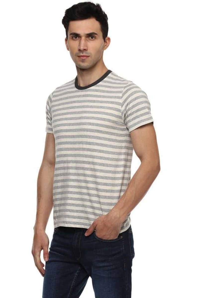 Men's Round Neck T-Shirt - Grey Melange & Off White