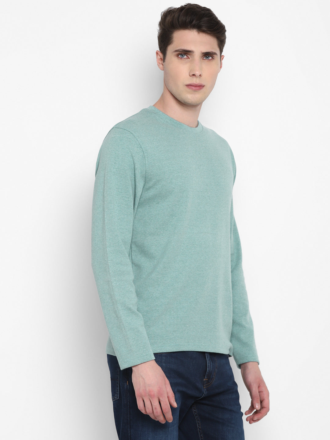 Extra Thick Winter Round Neck Cotton T-Shirt For Men - Green Melange