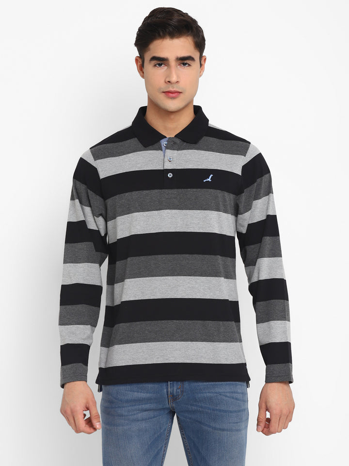 Striped Polo T-Shirt for Men - Black,Grey Melange&Charcoal