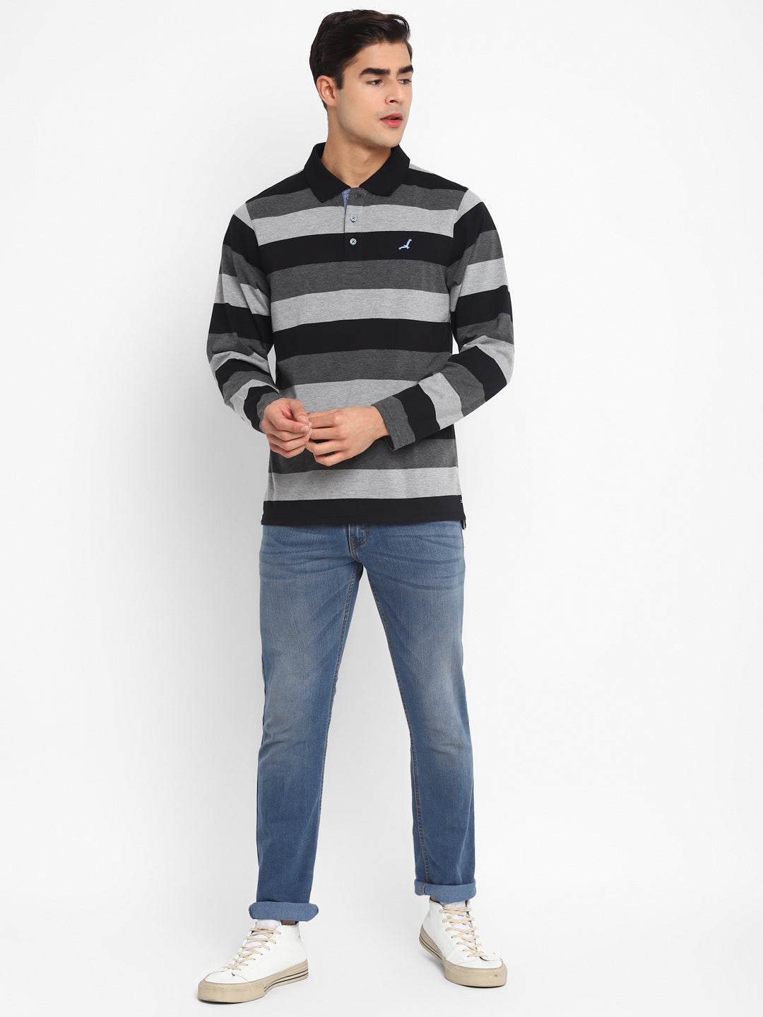 Striped Polo T-Shirt for Men - Black,Grey Melange&Charcoal