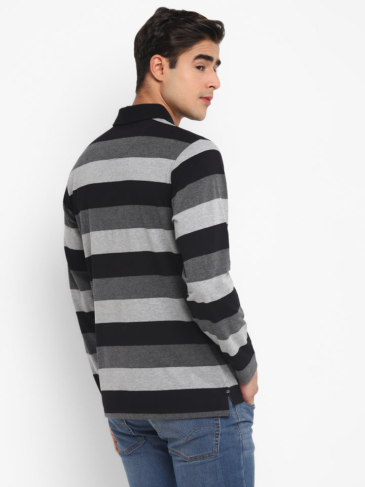 Striped Polo T-Shirt for Men - Black,Grey Melange&Charcoal