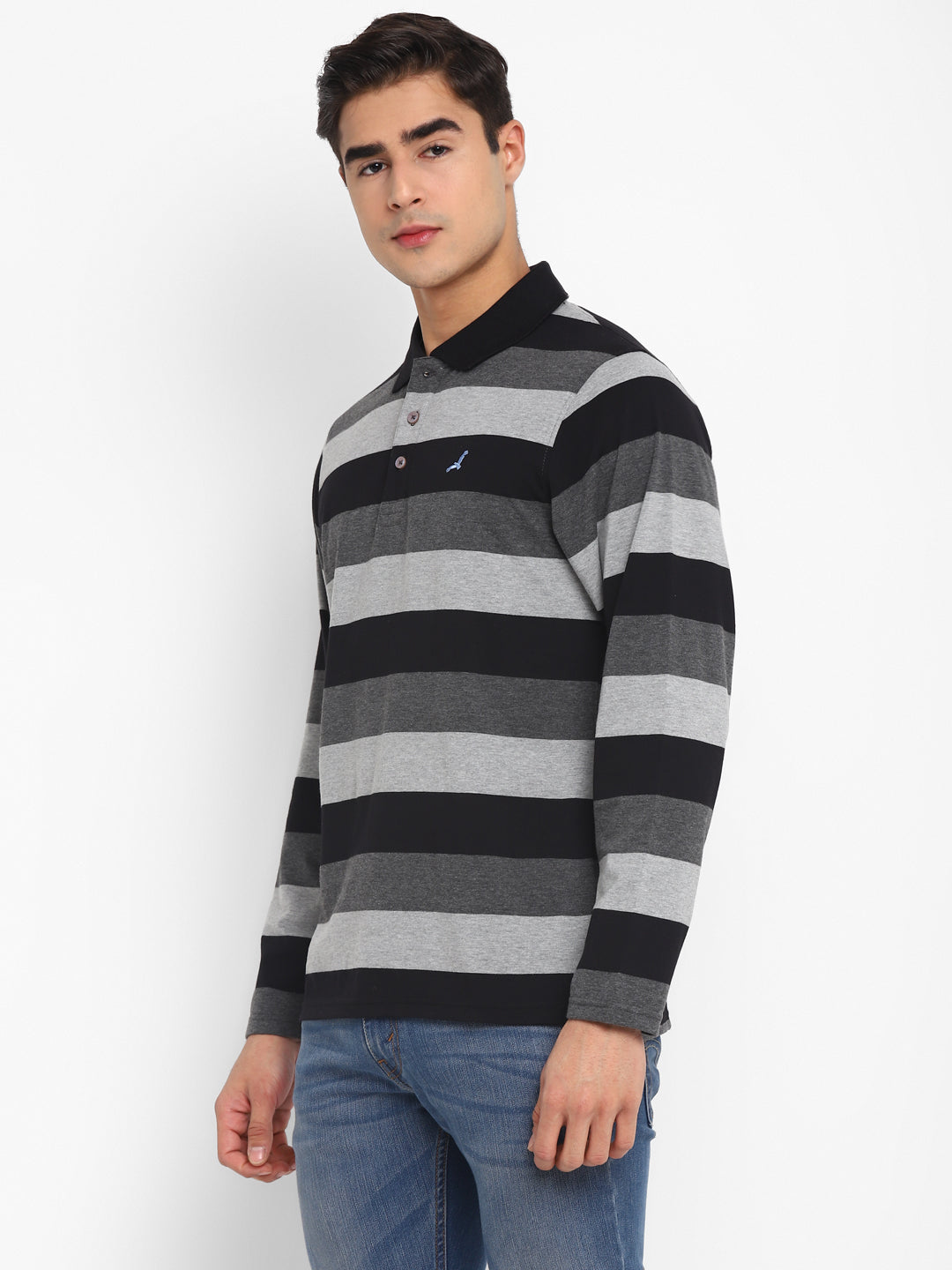 Striped Polo T-Shirt for Men - Black,Grey Melange&Charcoal