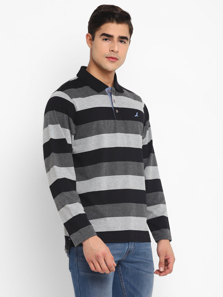 Striped Polo T-Shirt for Men - Black,Grey Melange&Charcoal