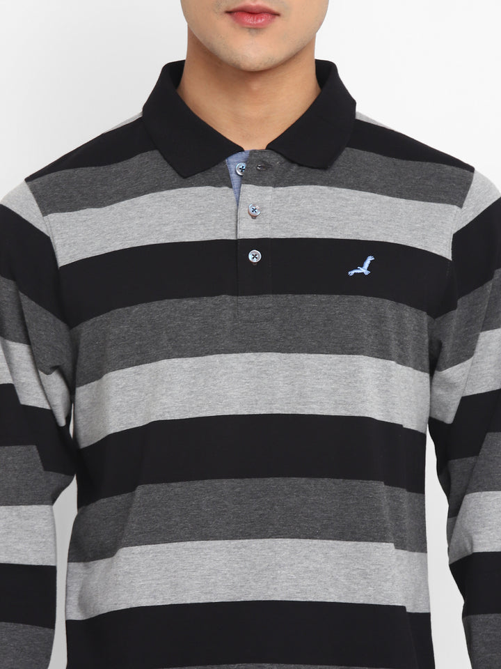 Striped Polo T-Shirt for Men - Black,Grey Melange&Charcoal