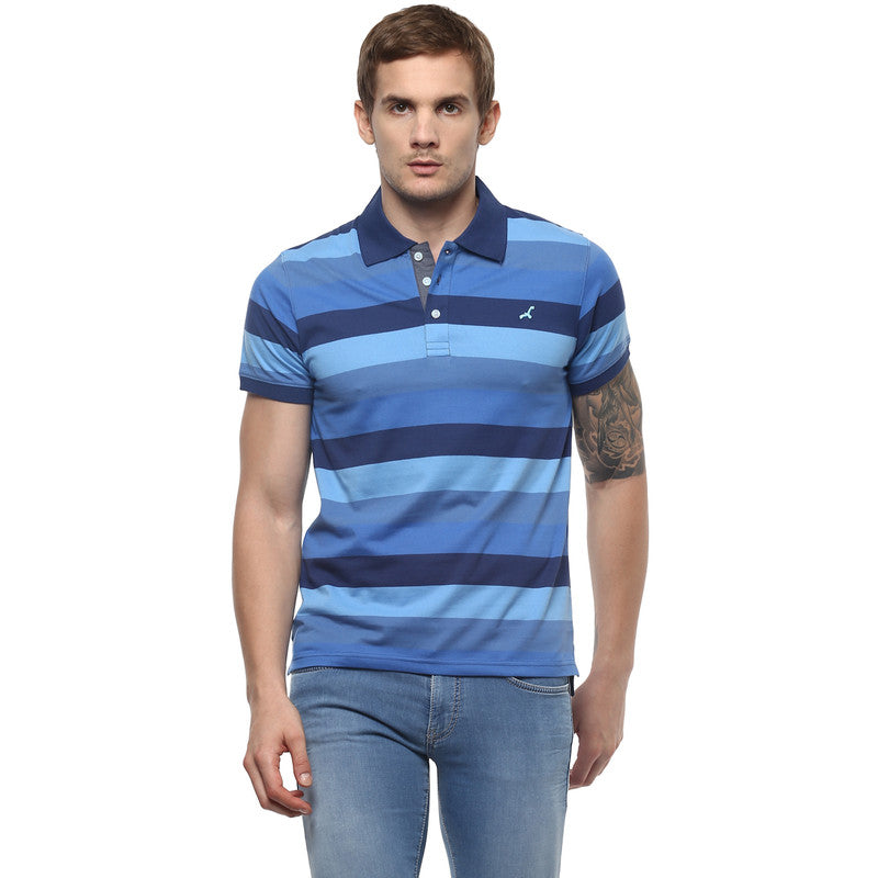 Men's Polo Collar yarn Dyed Striped T-Shirt - Blue