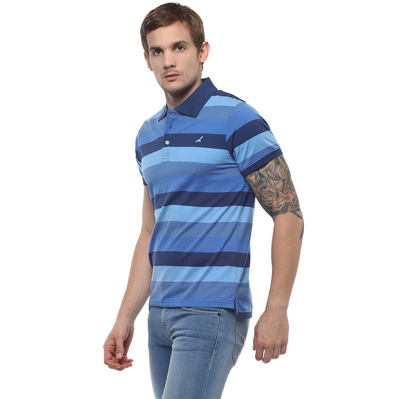 Men's Polo Collar yarn Dyed Striped T-Shirt - Blue