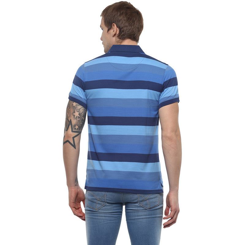 Men's Polo Collar yarn Dyed Striped T-Shirt - Blue