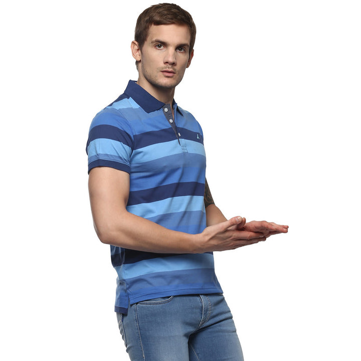 Men's Polo Collar yarn Dyed Striped T-Shirt - Blue