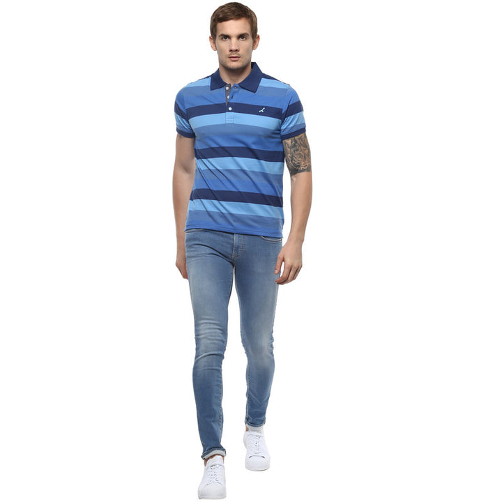 Men's Polo Collar yarn Dyed Striped T-Shirt - Blue