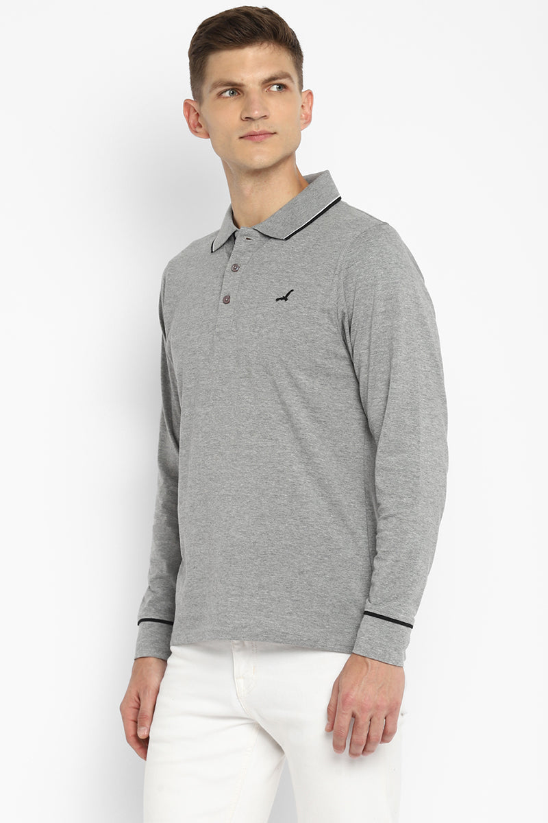 Polo Collar Full Sleeves T-Shirt for Men - Grey Melange