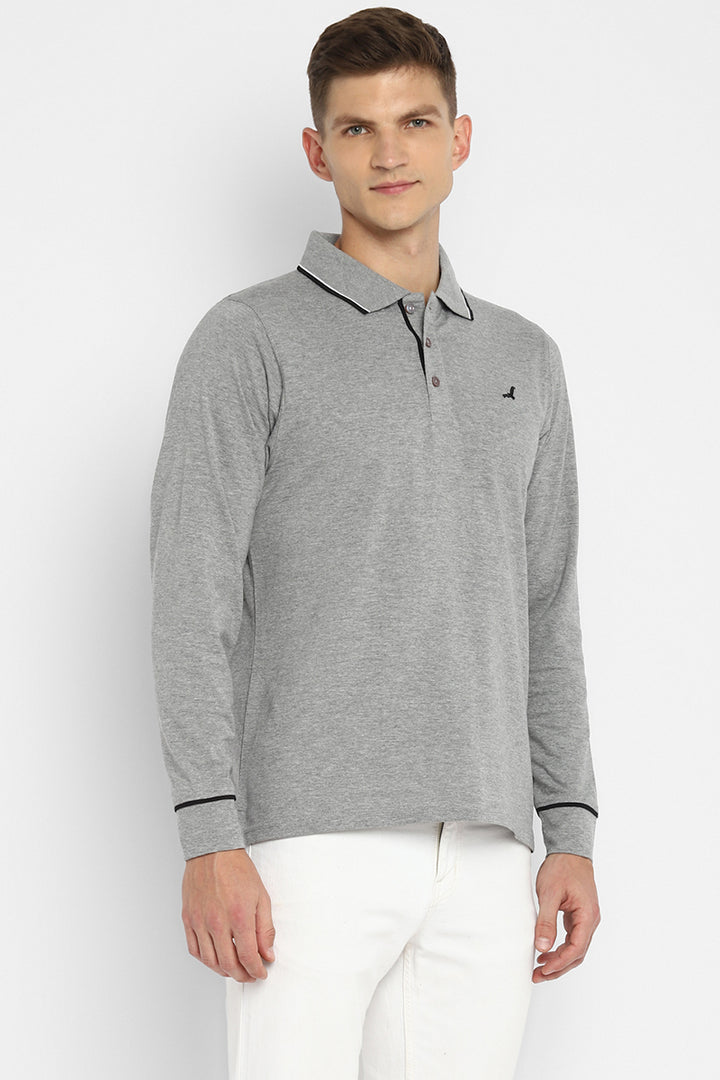 Polo Collar Full Sleeves T-Shirt for Men - Grey Melange