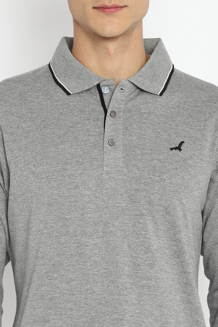 Polo Collar Full Sleeves T-Shirt for Men - Grey Melange