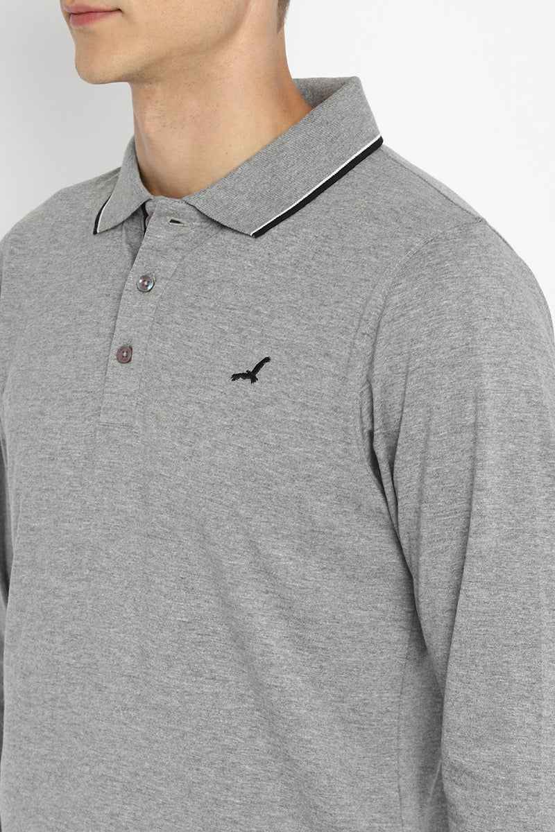 Polo Collar Full Sleeves T-Shirt for Men - Grey Melange