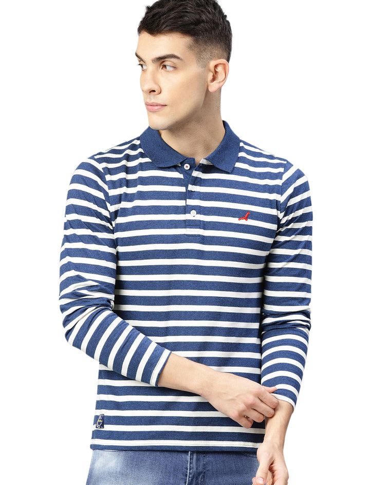 Men's Polo Collar Full Sleeves Yarn Dyed Striped Cotton T-Shirt - Navy / White