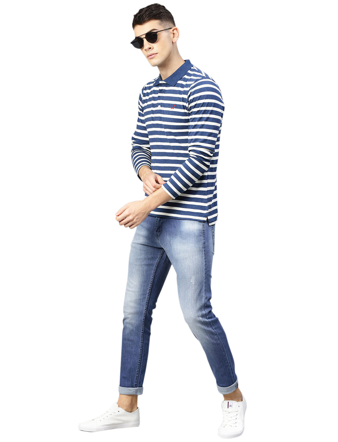 Men's Polo Collar Full Sleeves Yarn Dyed Striped Cotton T-Shirt - Navy / White