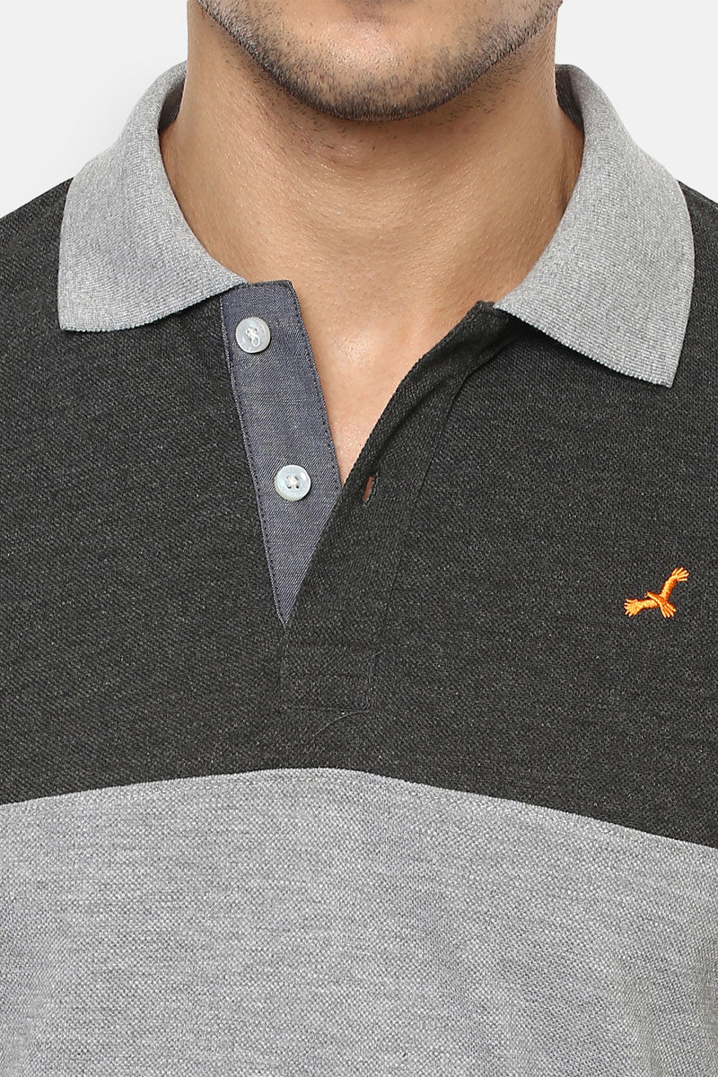 Men's Polo Collar T-Shirt - Grey & Charcoal Melange