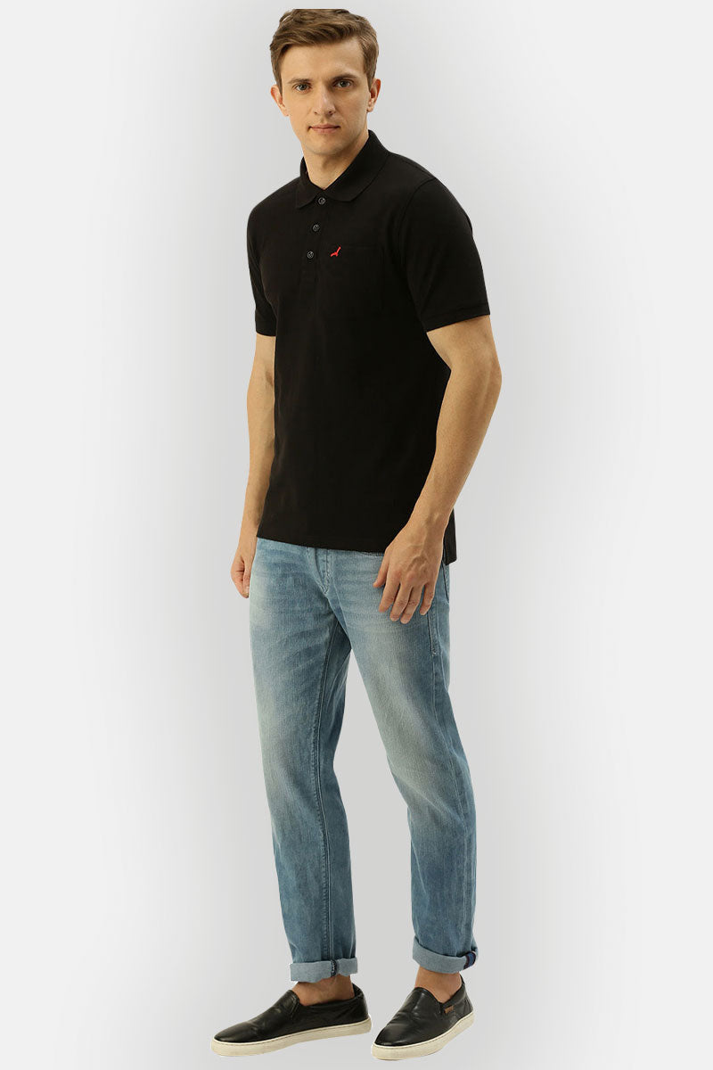 Men's Polo Collar Half Sleeves T-Shirt With Pocket - Black