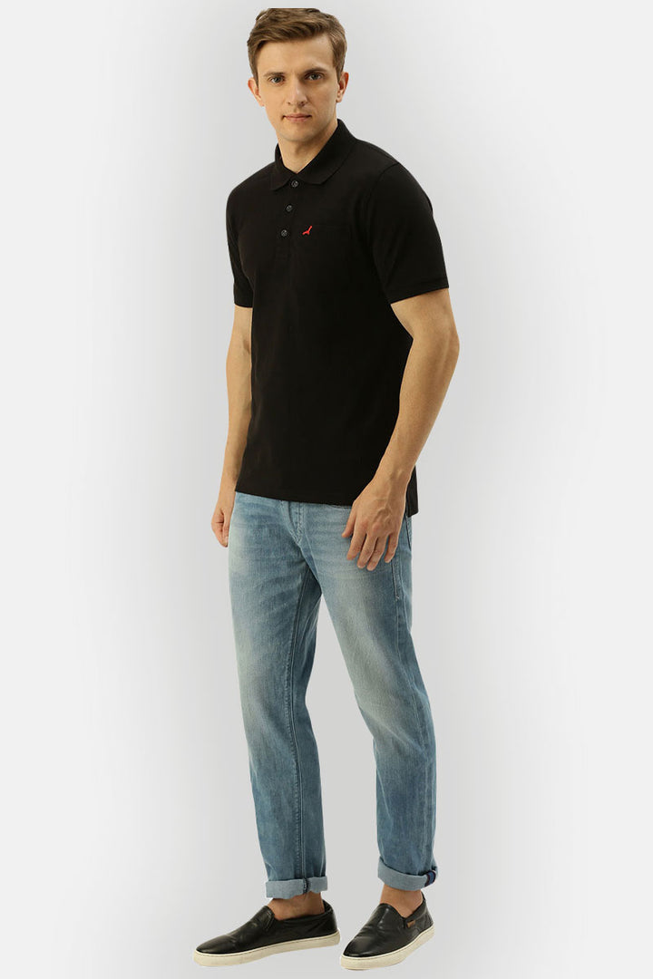 Men's Polo Collar Half Sleeves T-Shirt With Pocket - Black