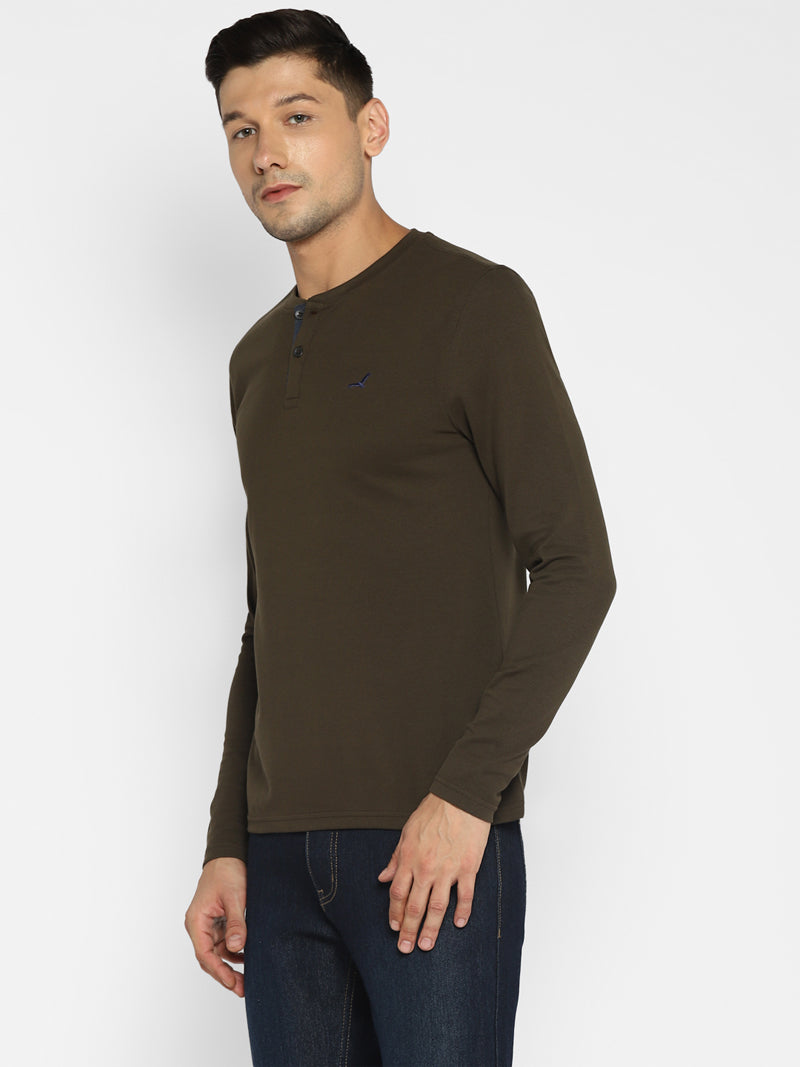 Men's Henley Full Sleeves T-Shirt - Dark Olive