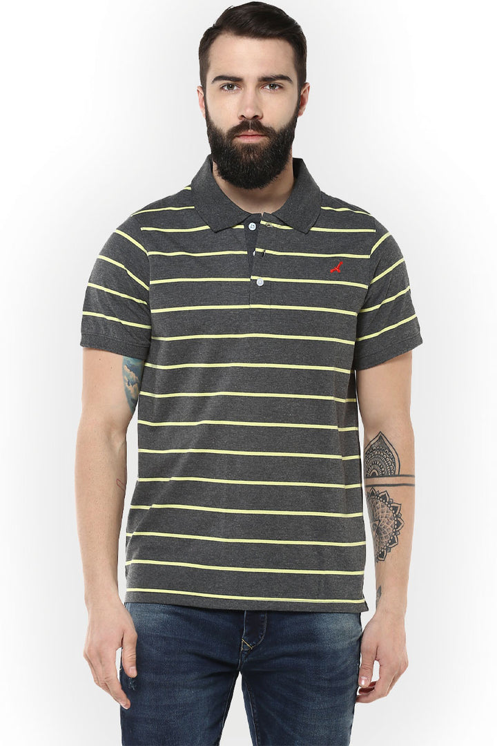 Men's Polo Collar Yarn Dyed Striped T-Shirt - Light Green & Charcoal Melange