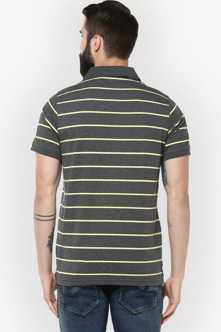 Men's Polo Collar Yarn Dyed Striped T-Shirt - Light Green & Charcoal Melange