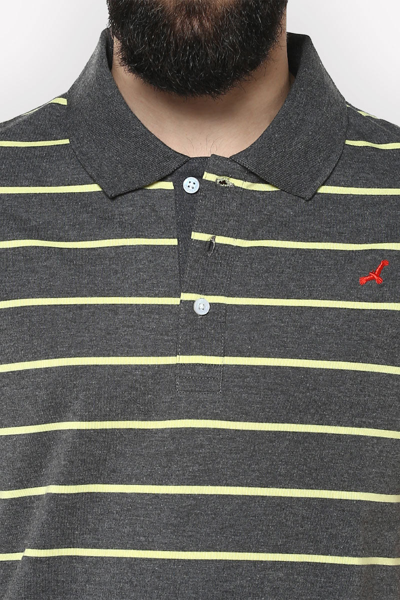 Men's Polo Collar Yarn Dyed Striped T-Shirt - Light Green & Charcoal Melange