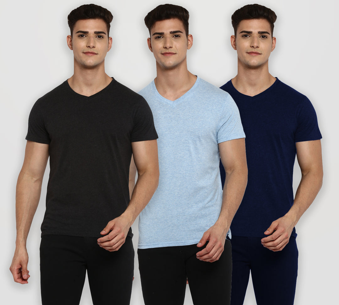 100% Cotton V-Neck Half Sleeves T-Shirt Combo Pack of 3 for Men - Navy, Sky  Blue & Charcoal